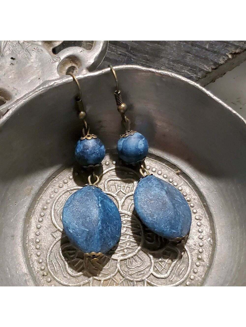 Handcrafted Lightweight Rustic Bronze Metal Mottled Blue Acrylic Dangle Earrings